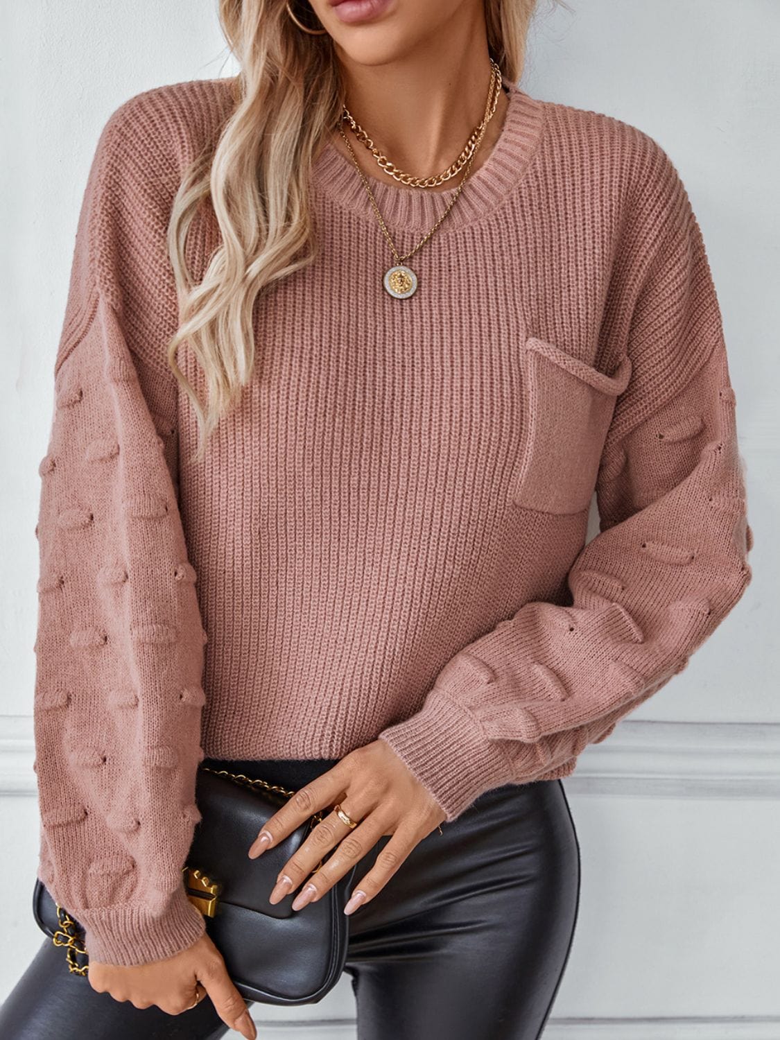 Round Neck Drop Shoulder Sweater - Trendsi