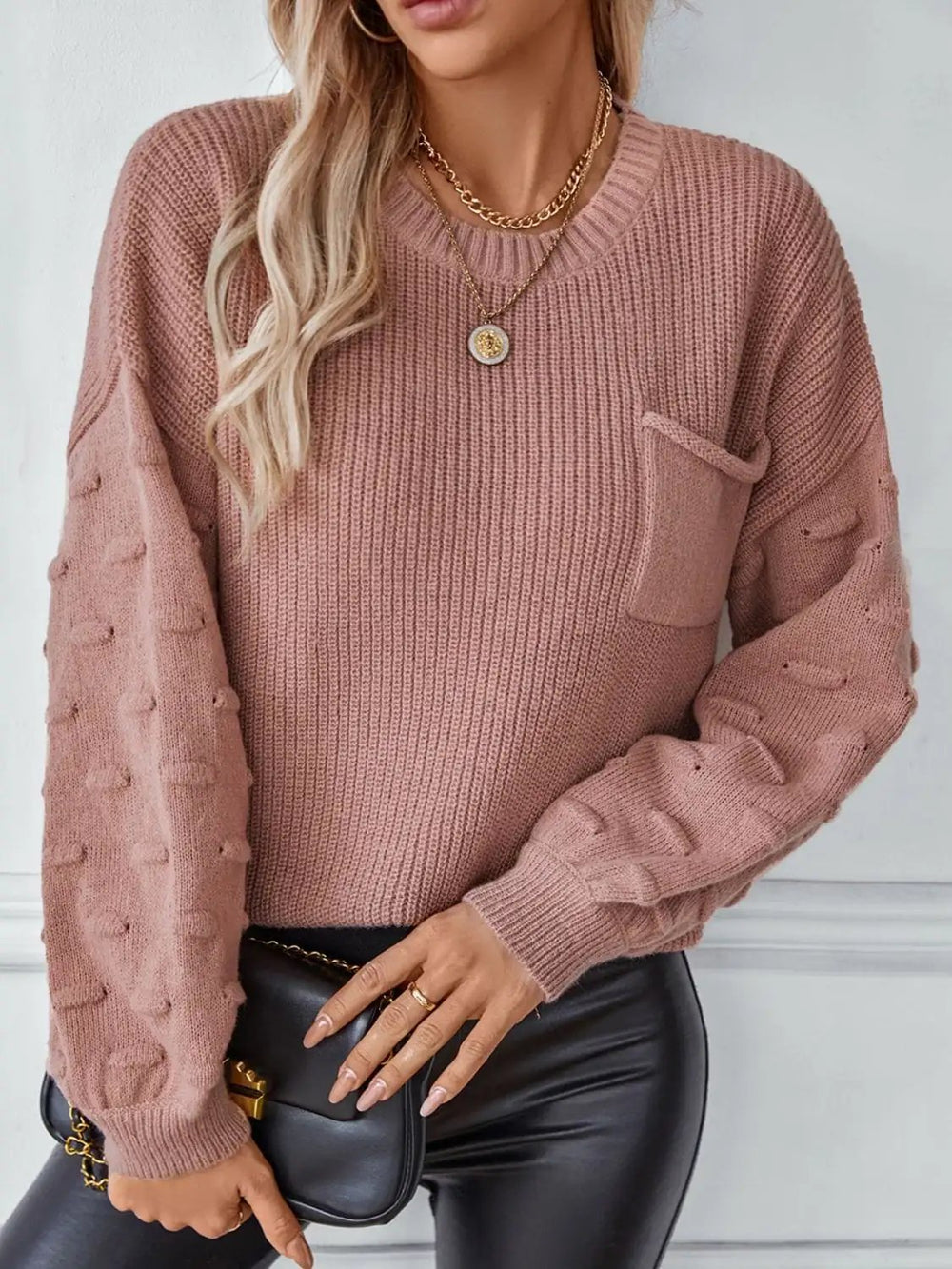 Round Neck Drop Shoulder Sweater - Trendsi