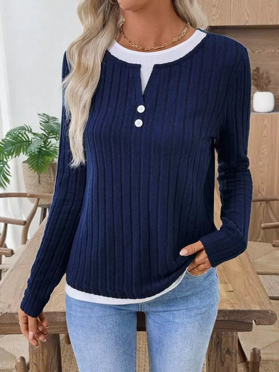 Ribbed Knit Long Sleeve Fake Two-Piece T-Shirt - Trendsi - Flyclothing LLC