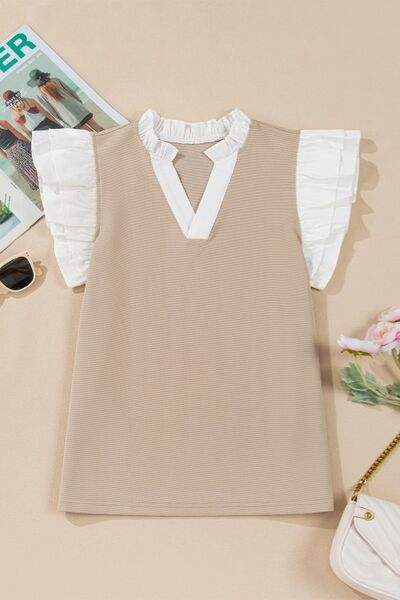 Ruffled Notched Cap Sleeve Top - Trendsi - Flyclothing LLC