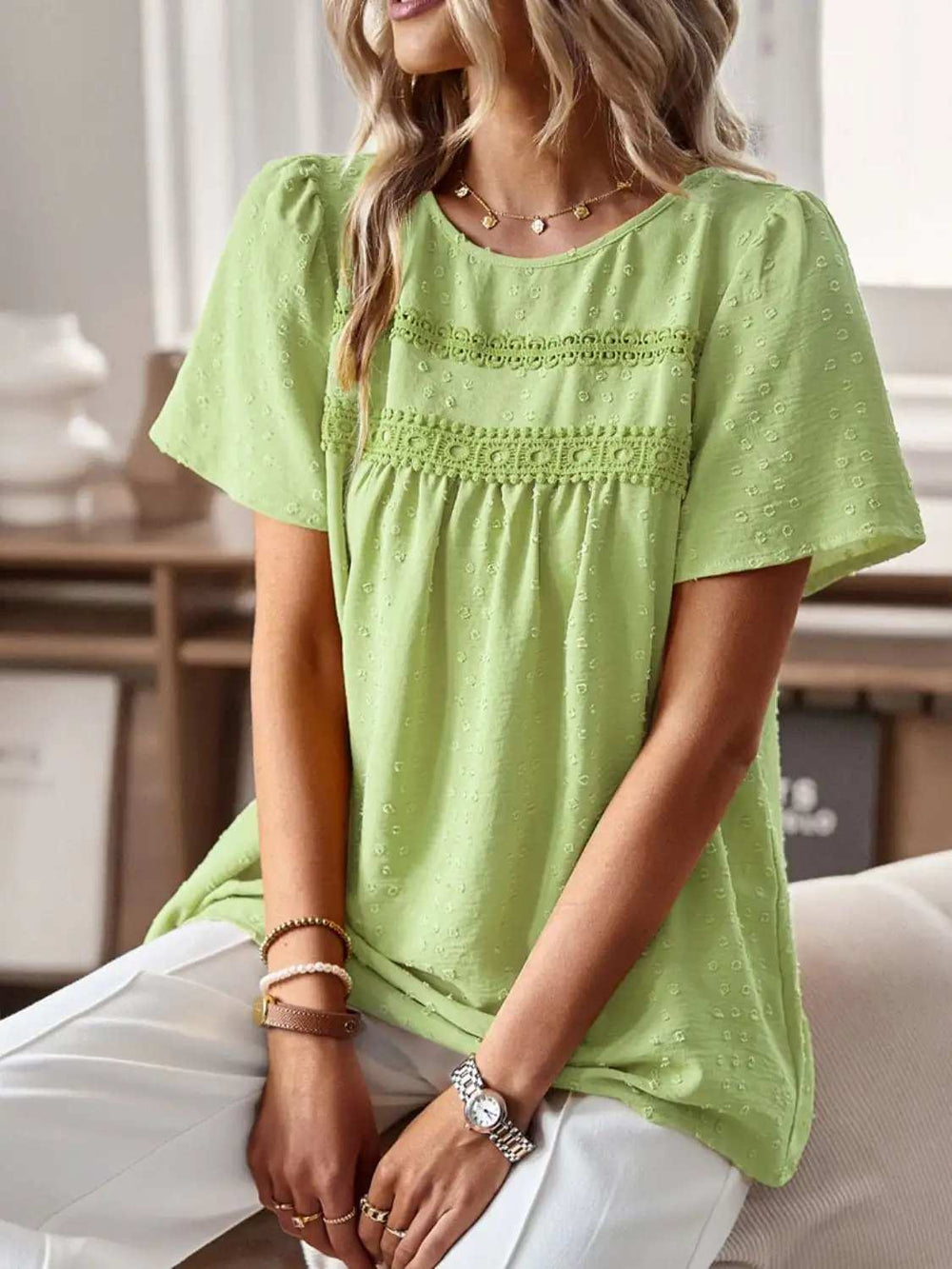 Lace Detail Round Neck Short Sleeve Blouse - Trendsi - Flyclothing LLC