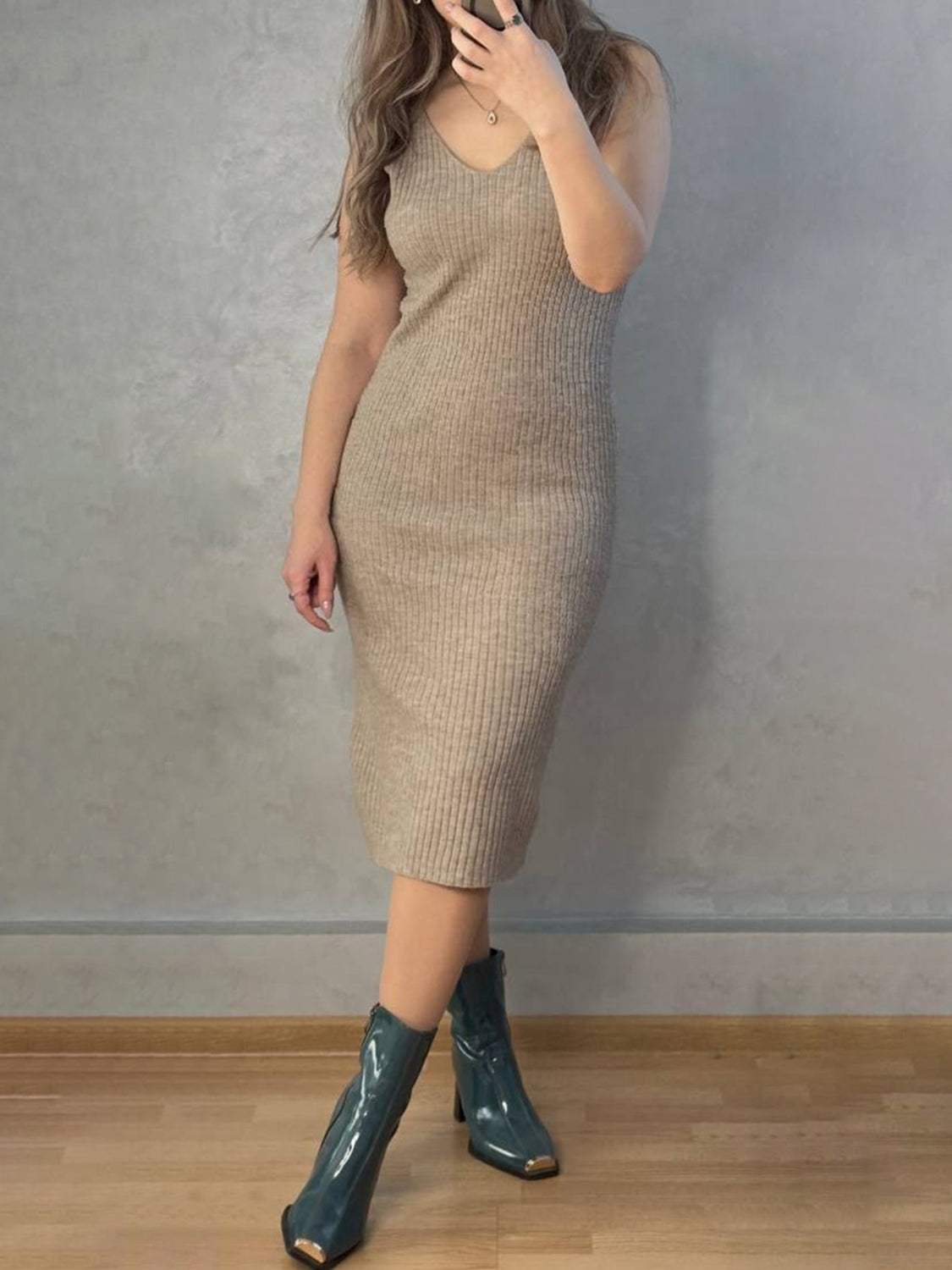 V-Neck Cami Dress and Open Front Cardigan Sweater Set - Trendsi - Flyclothing LLC
