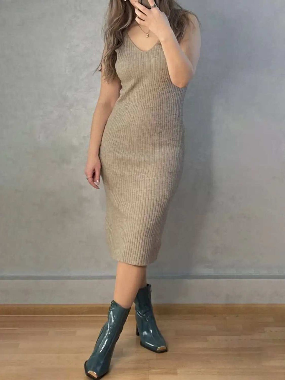 V-Neck Cami Dress and Open Front Cardigan Sweater Set - Trendsi - Flyclothing LLC