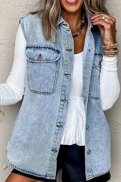 Collared Neck Button Up Denim Vest - Trendsi - Flyclothing LLC