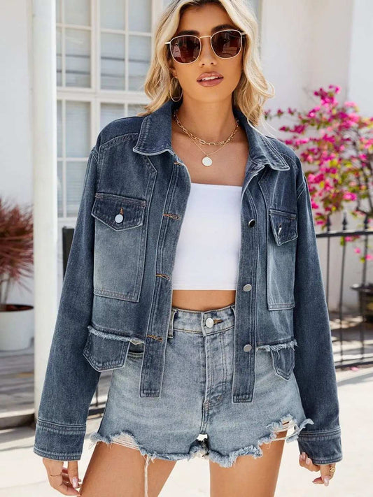 Button Up Long Sleeve Denim Jacket with Pockets - Trendsi - Flyclothing LLC