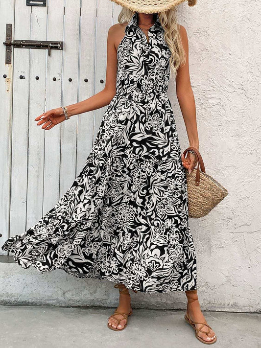 Backless Smocked Printed Sleeveless Midi Dress - Trendsi - Flyclothing LLC