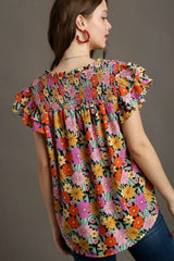 Umgee Full Size Floral Printed Smocked Top Plus Size - Trendsi - Flyclothing LLC