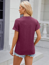 Decorative Button Notched Short Sleeve T-Shirt - Trendsi - Flyclothing LLC