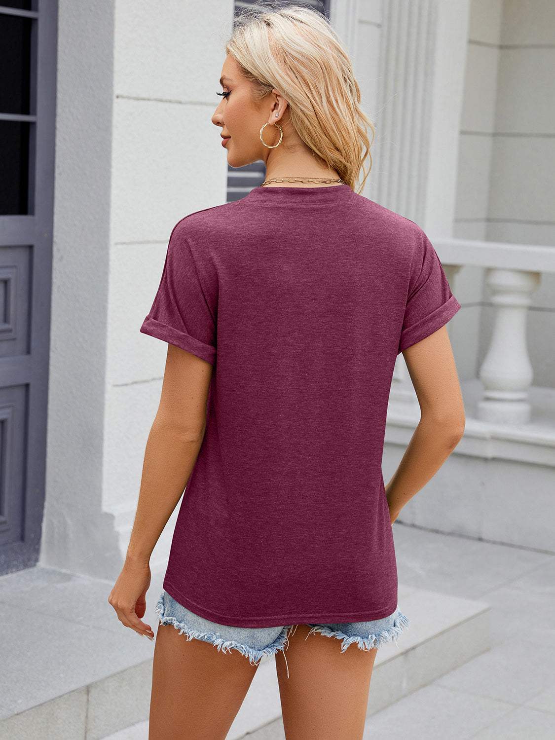 Decorative Button Notched Short Sleeve T-Shirt - Trendsi - Flyclothing LLC
