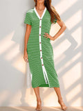 Contrast Striped V-Neck Short Sleeve Midi Dress - Trendsi - Flyclothing LLC