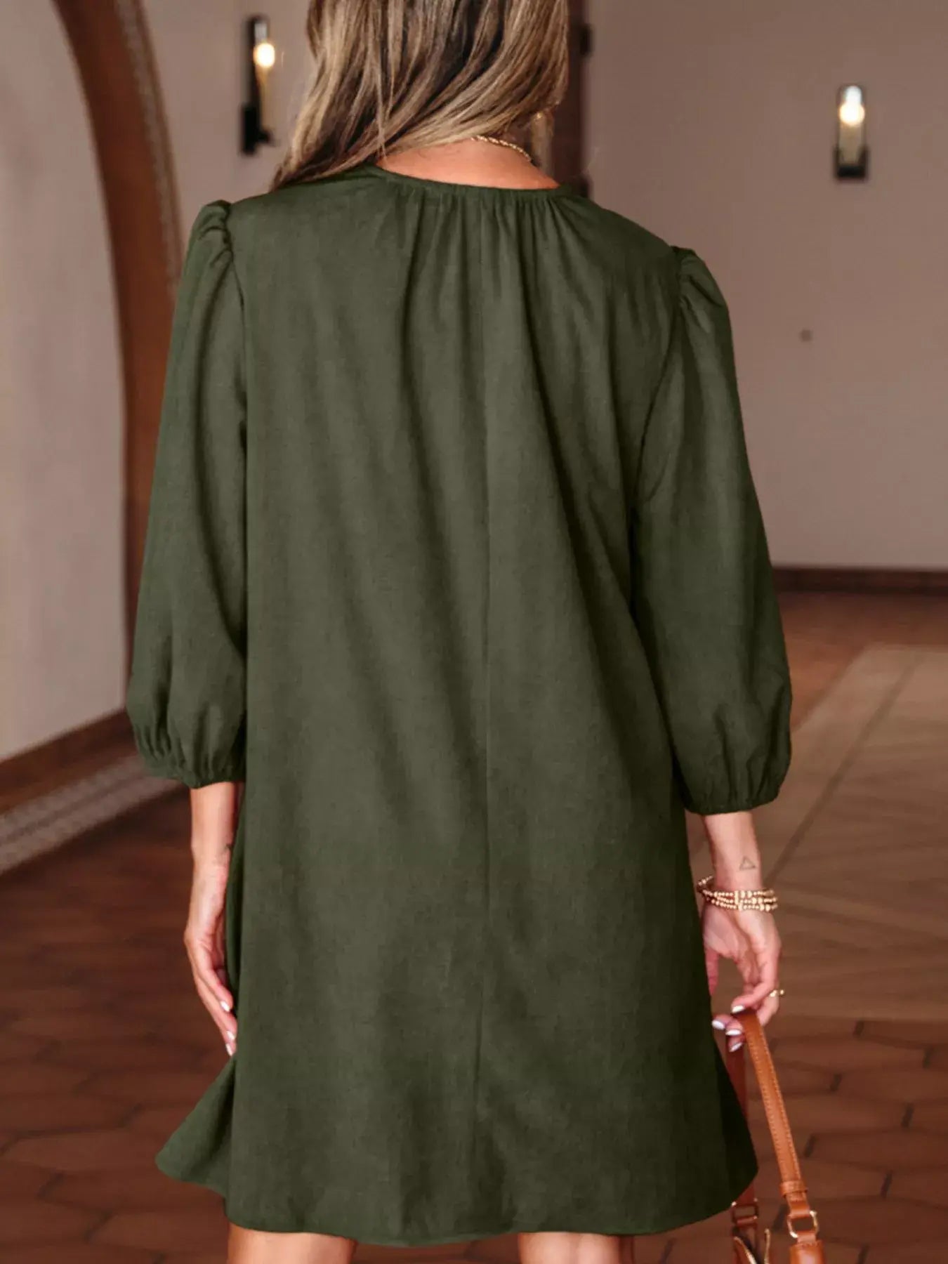 Bracelet Sleeve Split Neck Scallop Detail Pleated Corduroy Mini Dress - Trendsi - Flyclothing LLC