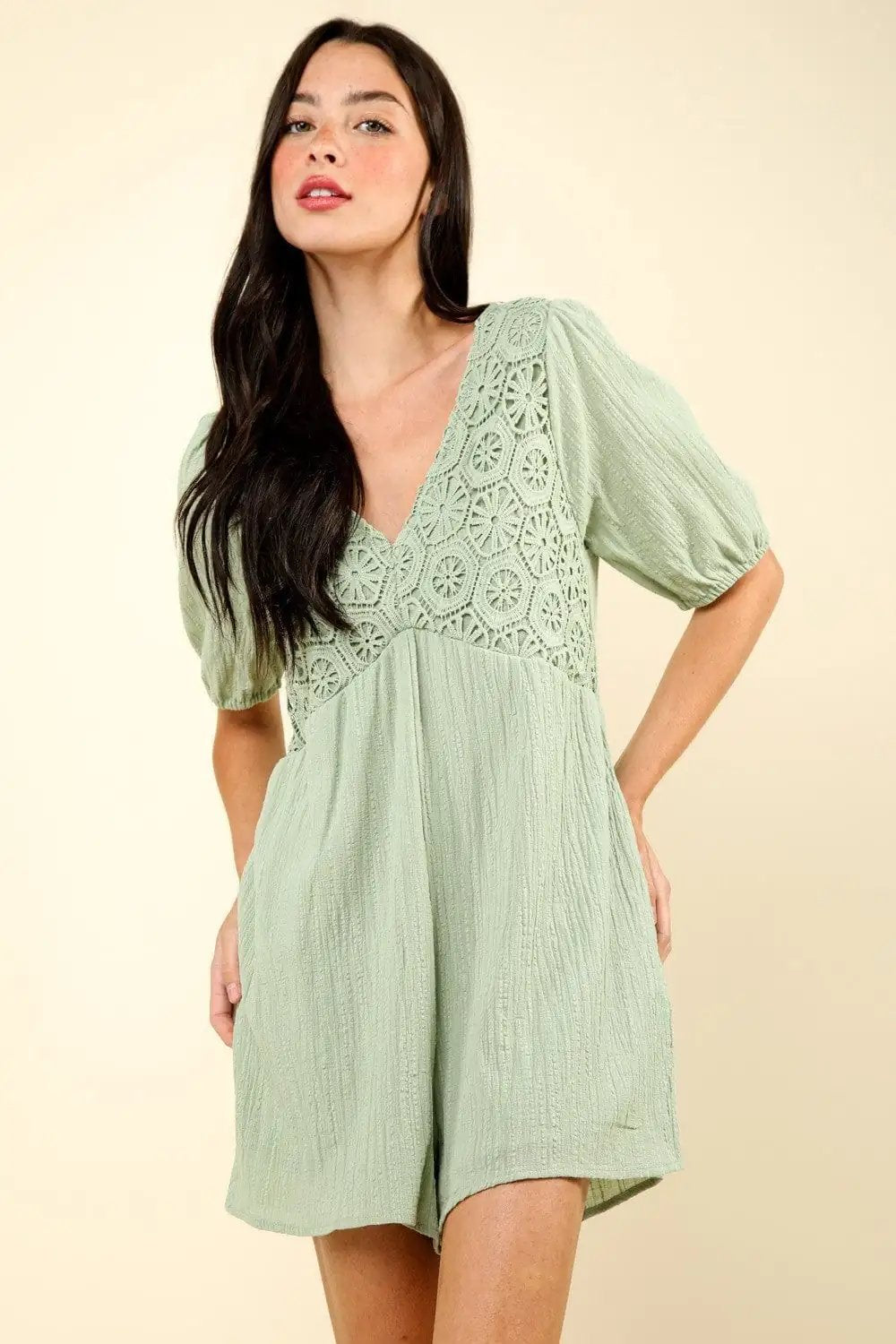 VERY J Lace Detail Puff Sleeve Romper with Pockets - Trendsi