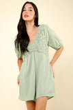 VERY J Lace Detail Puff Sleeve Romper with Pockets - Trendsi
