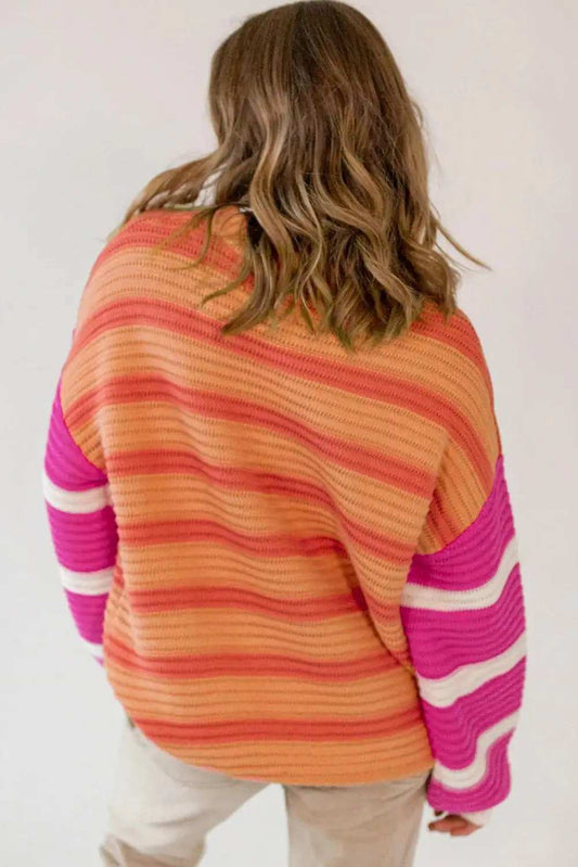 Striped Round Neck Long Sleeve Sweater - Trendsi - Flyclothing LLC