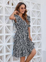 Ruffled Ditsy Floral Surplice Mini Dress - Trendsi
