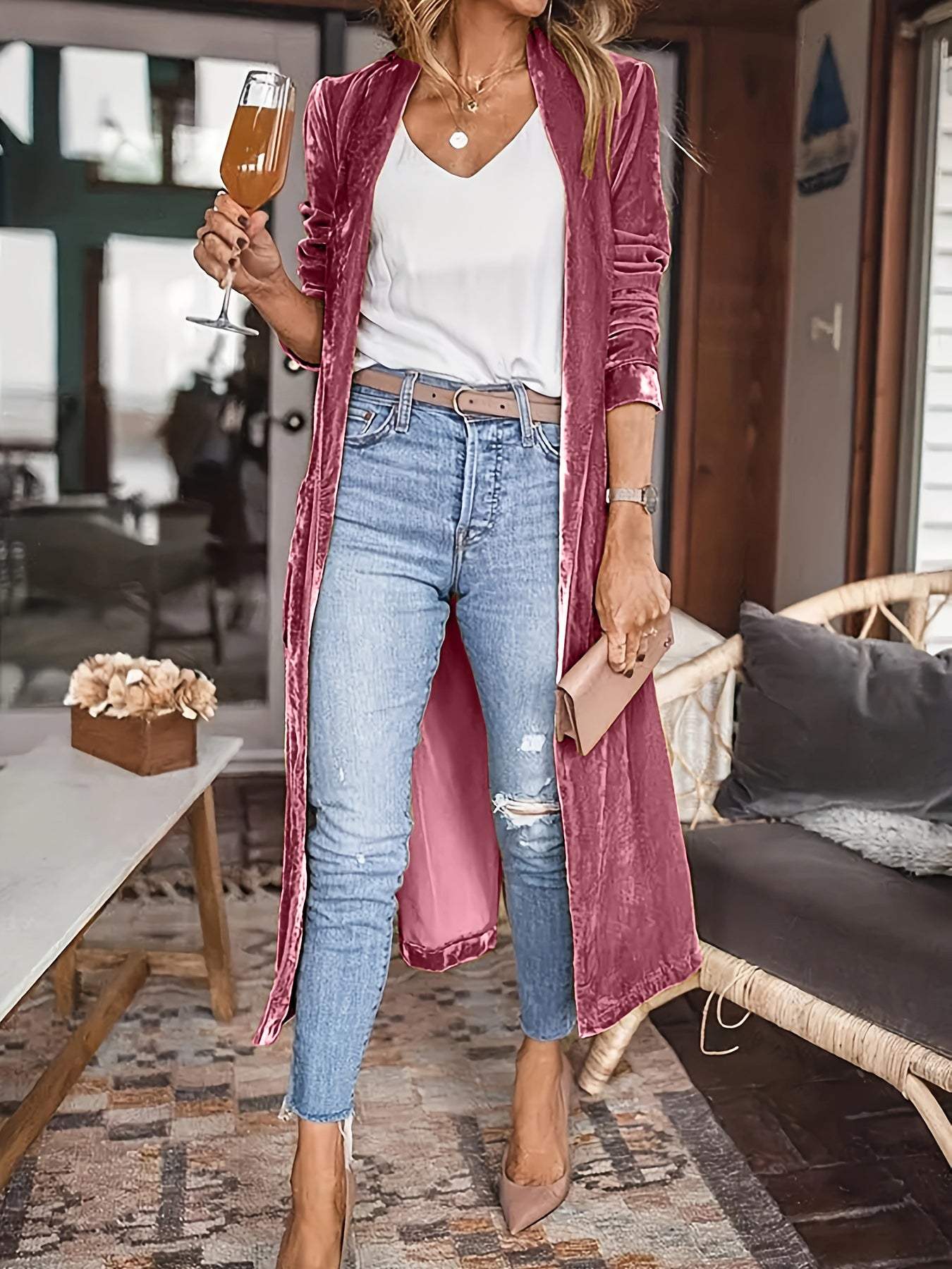 Open Front Long Sleeve Coat - Trendsi - Flyclothing LLC