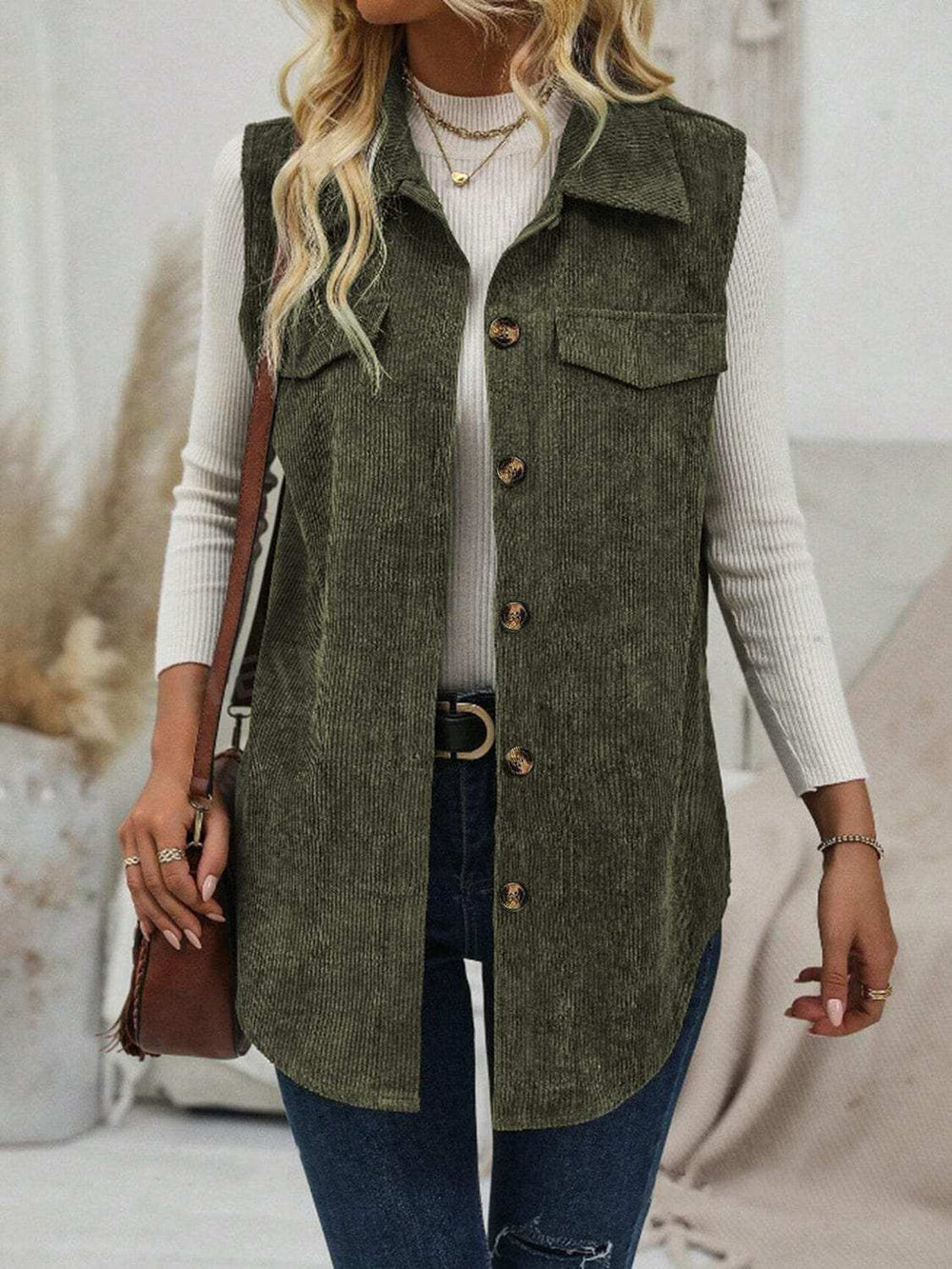 Button Up Collared Neck Vest Coat - Trendsi - Flyclothing LLC