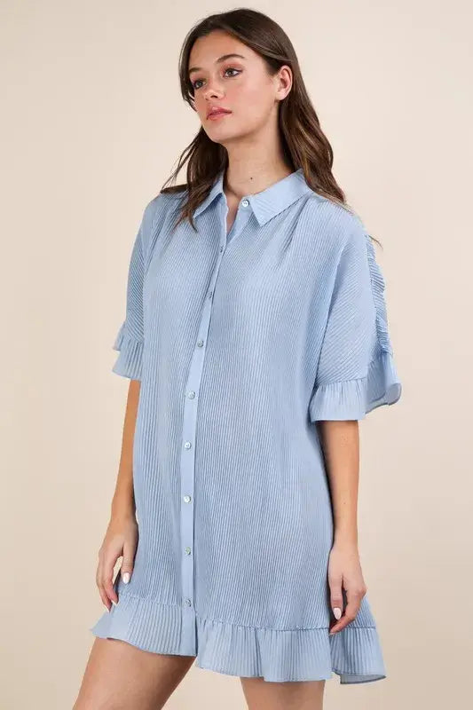 VERY J Pleated Detail Button Down Mini Dress - Trendsi - Flyclothing LLC