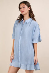 VERY J Pleated Detail Button Down Mini Dress - Trendsi - Flyclothing LLC