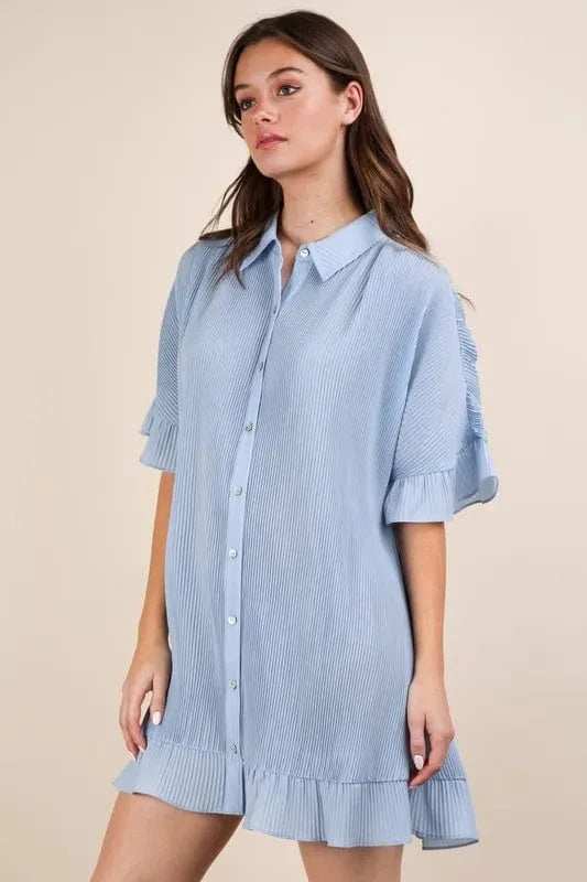 VERY J Pleated Detail Button Down Mini Dress - Trendsi - Flyclothing LLC