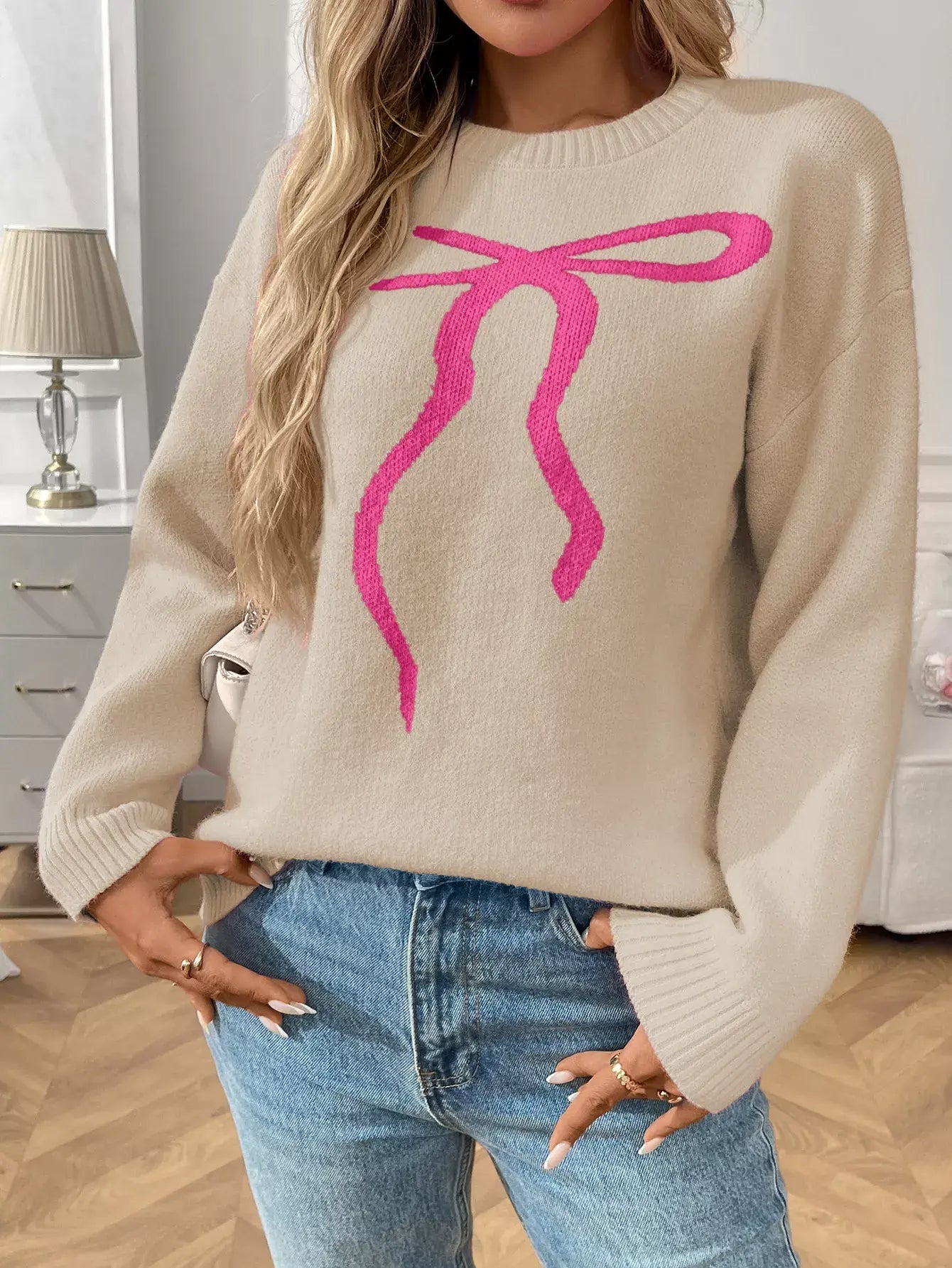 Bow Round Neck Long Sleeve Sweater - Trendsi - Flyclothing LLC