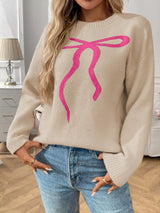 Bow Round Neck Long Sleeve Sweater - Trendsi - Flyclothing LLC