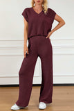 Pocketed V-Neck Top and Wide Leg Sweater Set - Trendsi - Flyclothing LLC