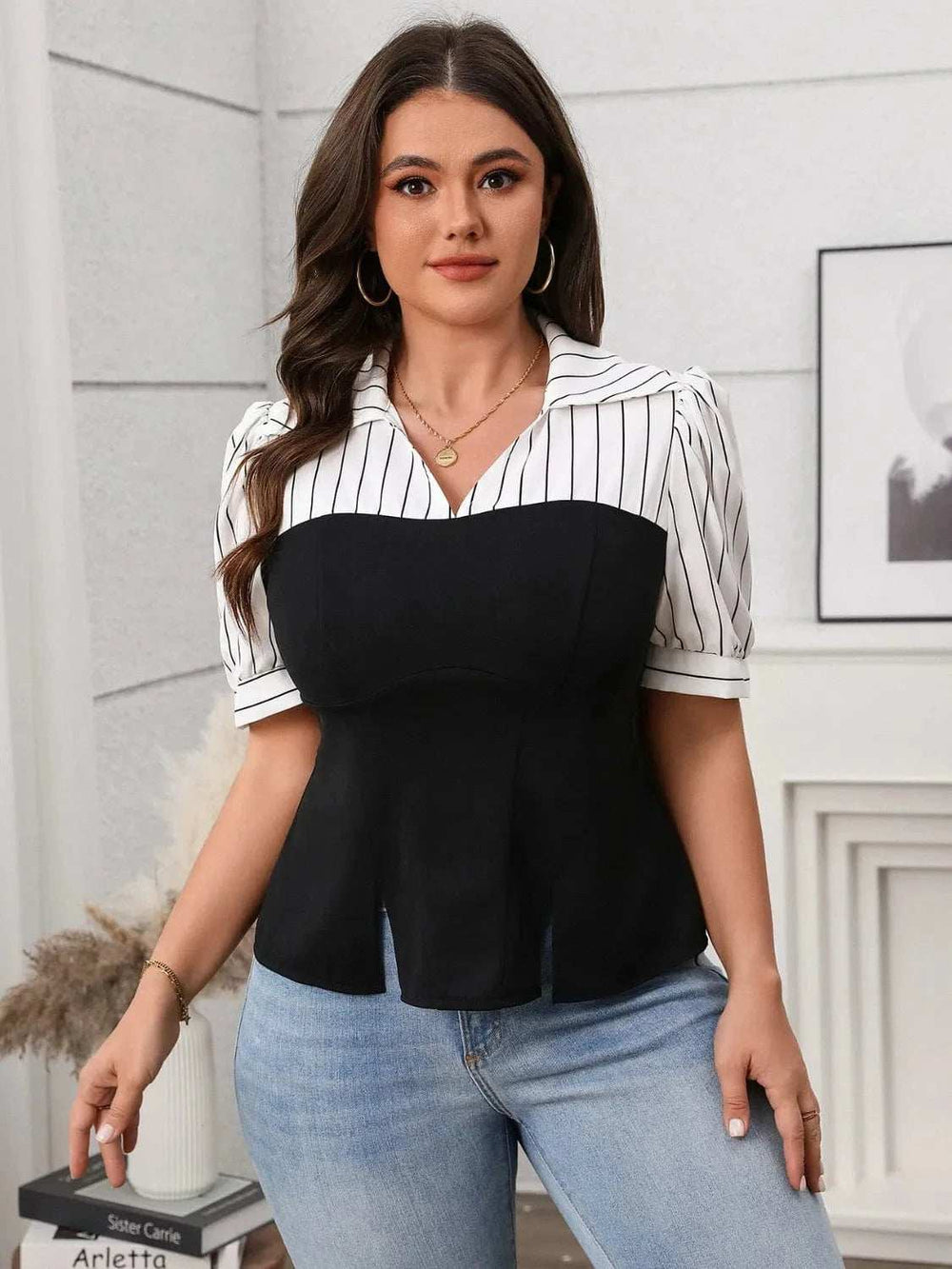 Plus Size Striped Johnny Collar Short Sleeve Blouse - Trendsi - Flyclothing LLC