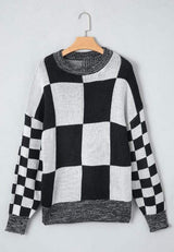 Checkered Round Neck Drop Shoulder Sweater - Trendsi - Flyclothing LLC
