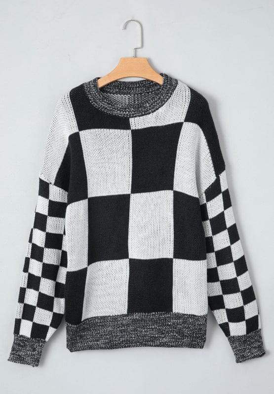 Checkered Round Neck Drop Shoulder Sweater - Trendsi - Flyclothing LLC