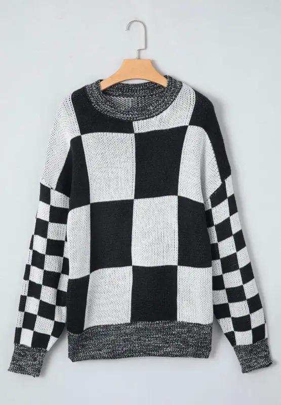 Checkered Round Neck Drop Shoulder Sweater - Trendsi - Flyclothing LLC