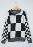 Checkered Round Neck Drop Shoulder Sweater - Trendsi - Flyclothing LLC