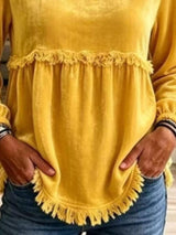 Fringed Hem Long Sleeve T-Shirt - Trendsi - Flyclothing LLC