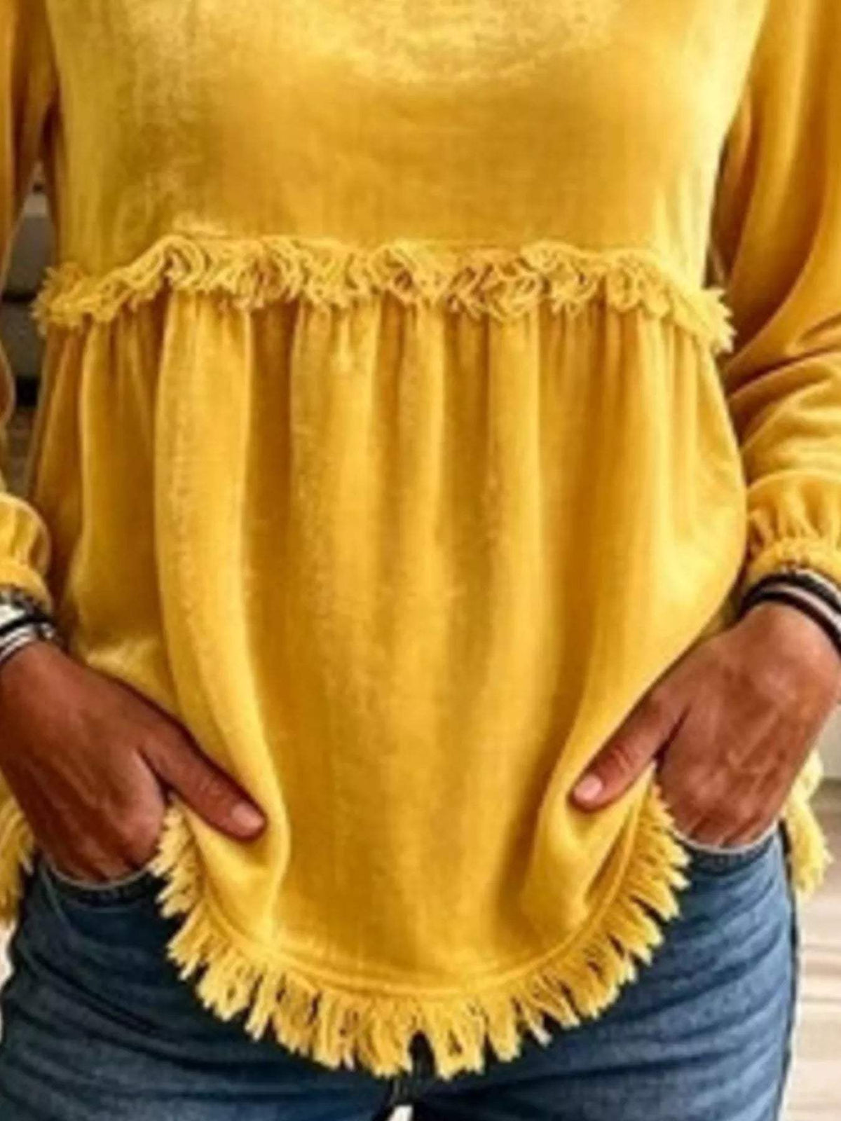 Fringed Hem Long Sleeve T-Shirt - Trendsi - Flyclothing LLC