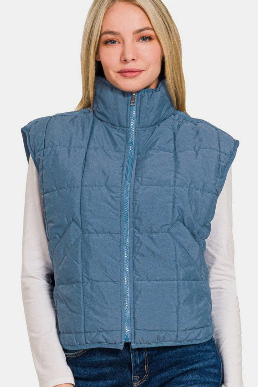 Zenana Zip Up Cropped Puffer Vest with Pockets - Trendsi - Flyclothing LLC