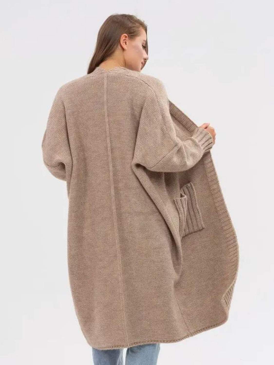 Pocketed Open Front Long Sleeve Longline Cardigan - Trendsi - Flyclothing LLC