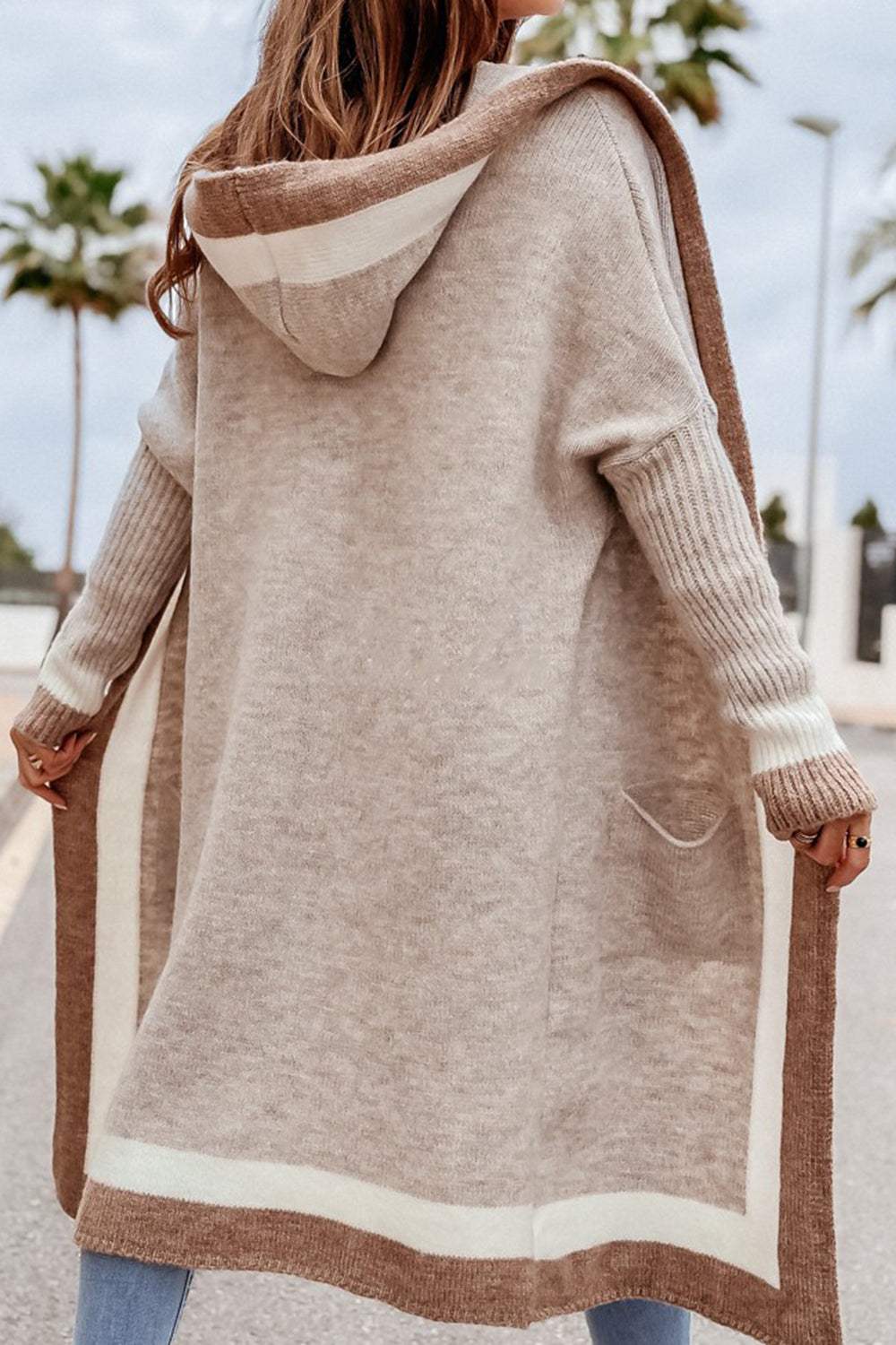 Pocketed Contrast Long Sleeve Hooded Cardigan - Trendsi - Flyclothing LLC