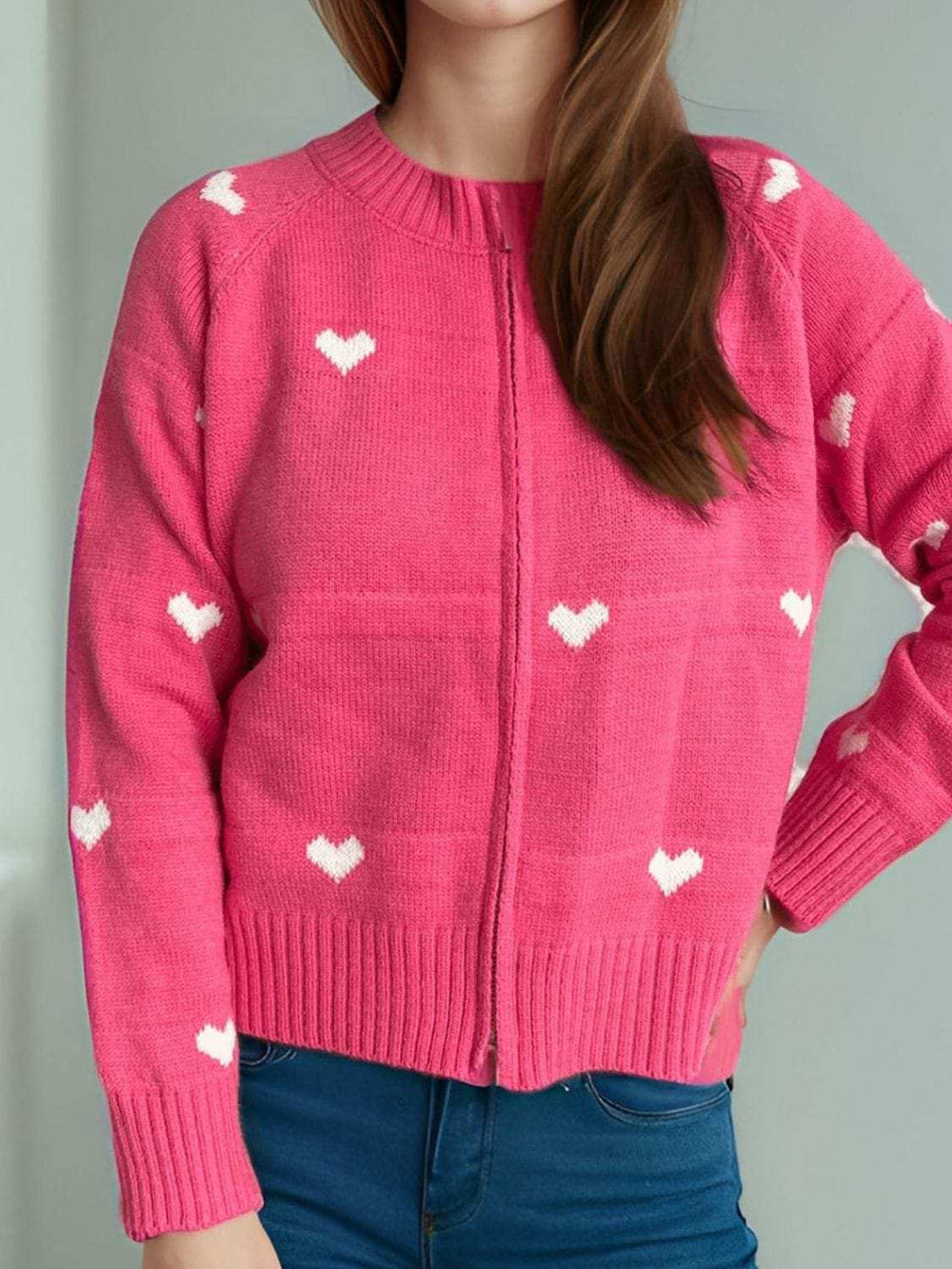 Heart Round Neck Zip Up Cardigan - Trendsi - Flyclothing LLC