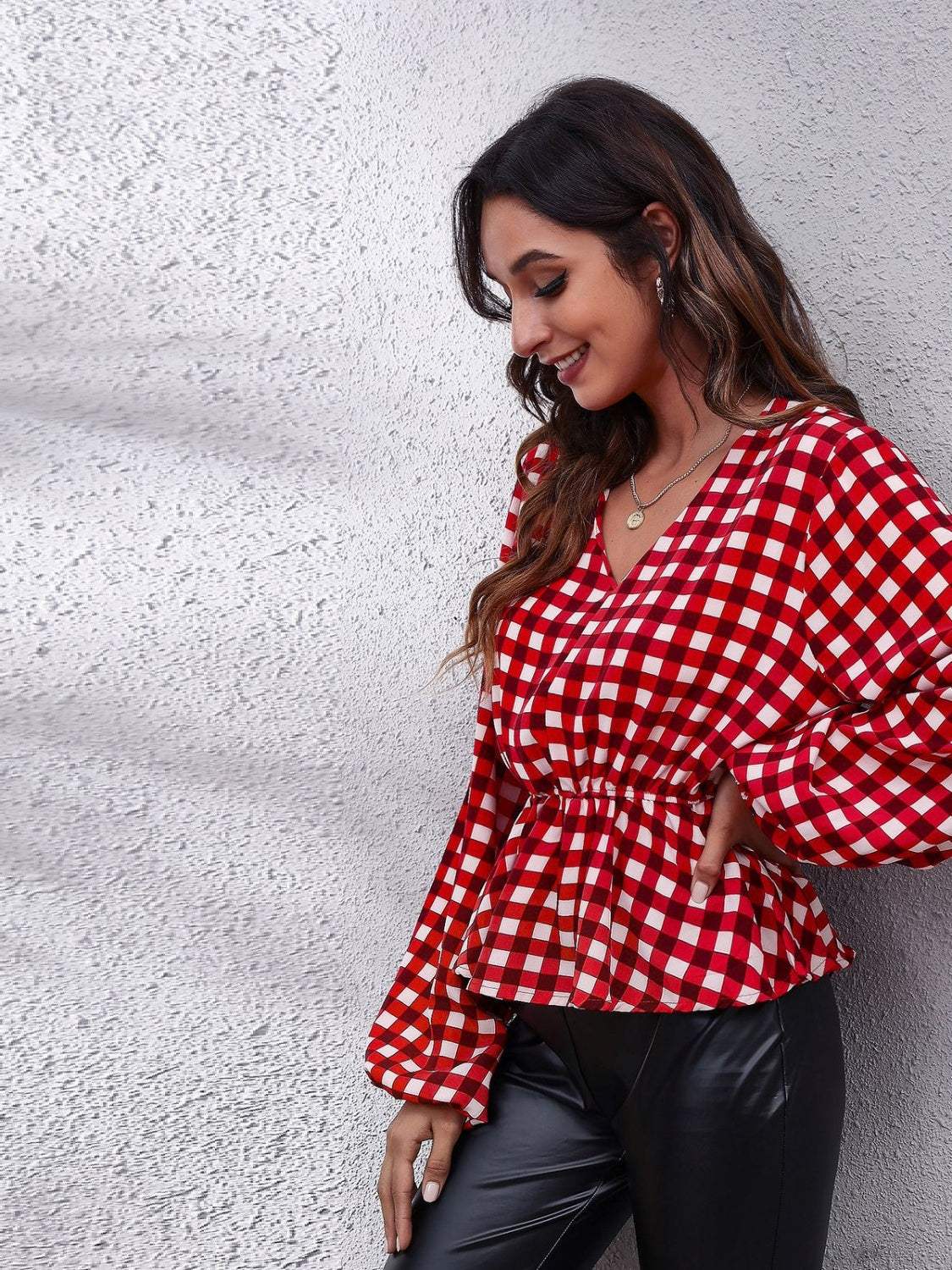 Ruched Printed V-Neck Long Sleeve Blouse - Trendsi - Flyclothing LLC