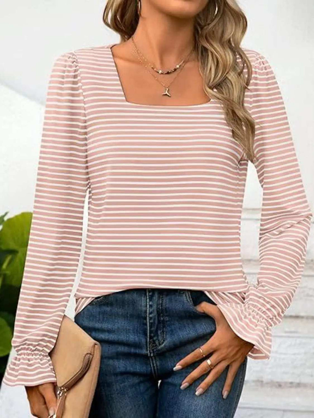 Striped Square Neck Flounce Sleeve Top - Trendsi - Flyclothing LLC