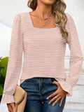 Striped Square Neck Flounce Sleeve Top - Trendsi - Flyclothing LLC