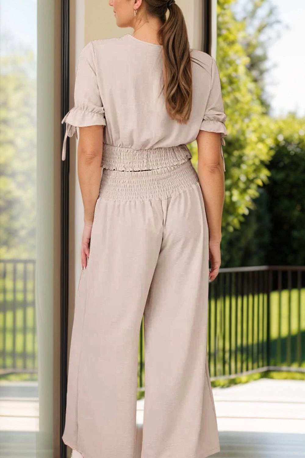 Surplice Short Sleeve Top and Pants Set - Trendsi - Flyclothing LLC