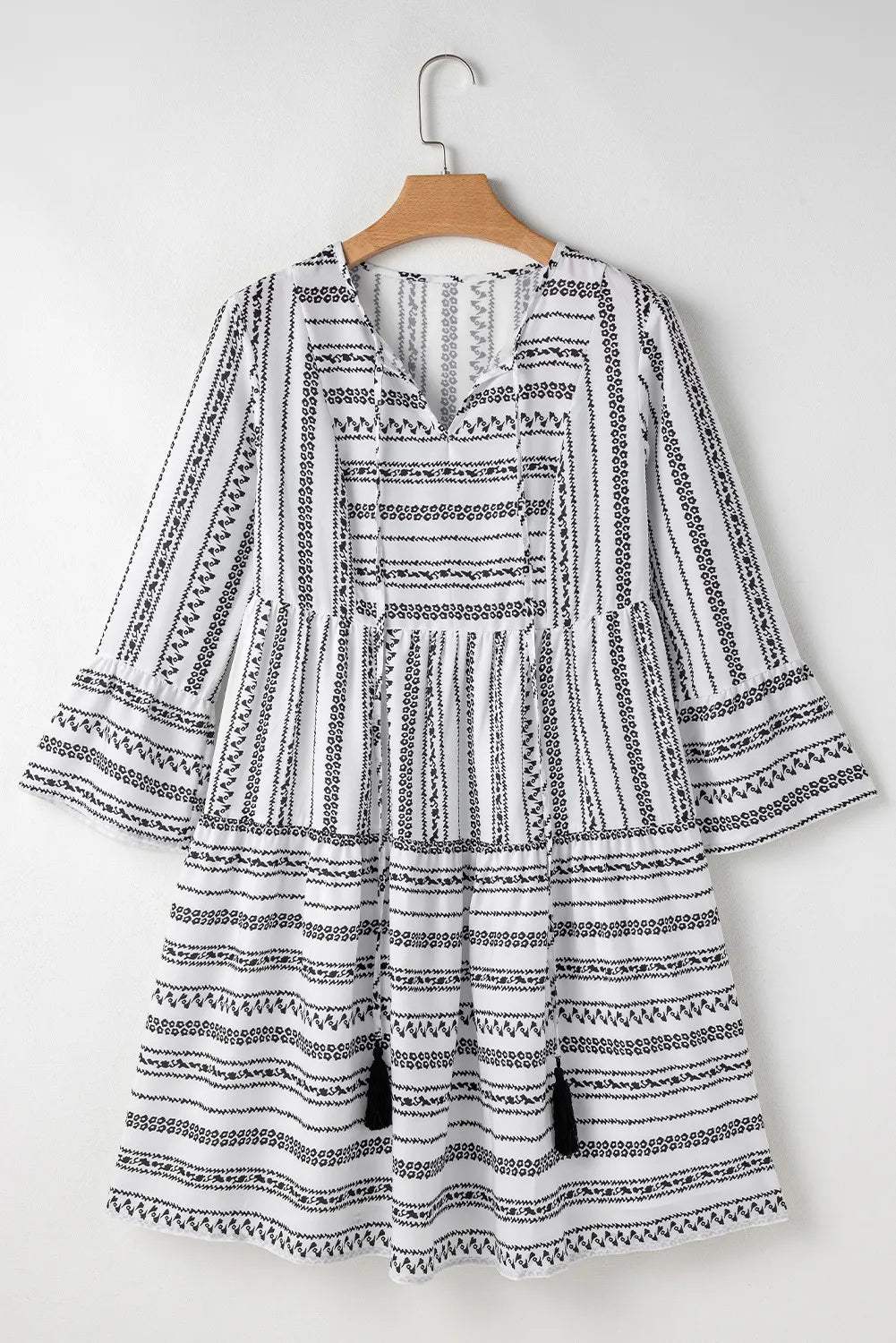 Printed Tie Neck Three-Quarter Sleeve Mini Dress - Trendsi - Flyclothing LLC