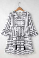 Printed Tie Neck Three-Quarter Sleeve Mini Dress - Trendsi - Flyclothing LLC