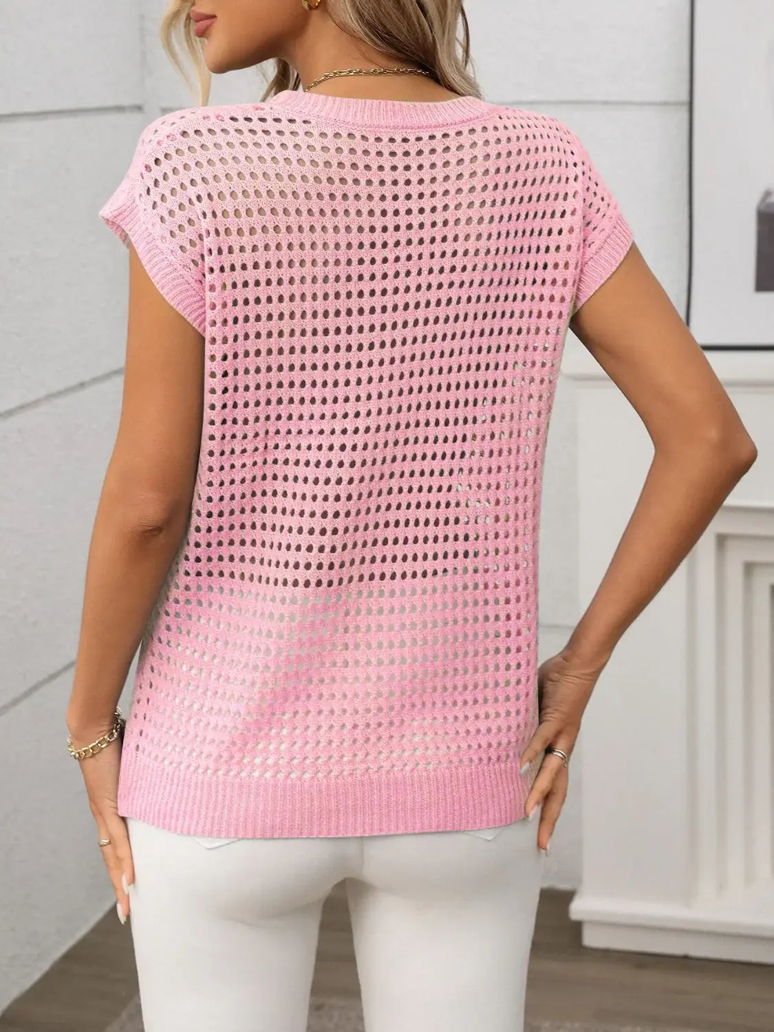 Openwork Round Neck Short Sleeve Knit Cover Up - Trendsi - Flyclothing LLC