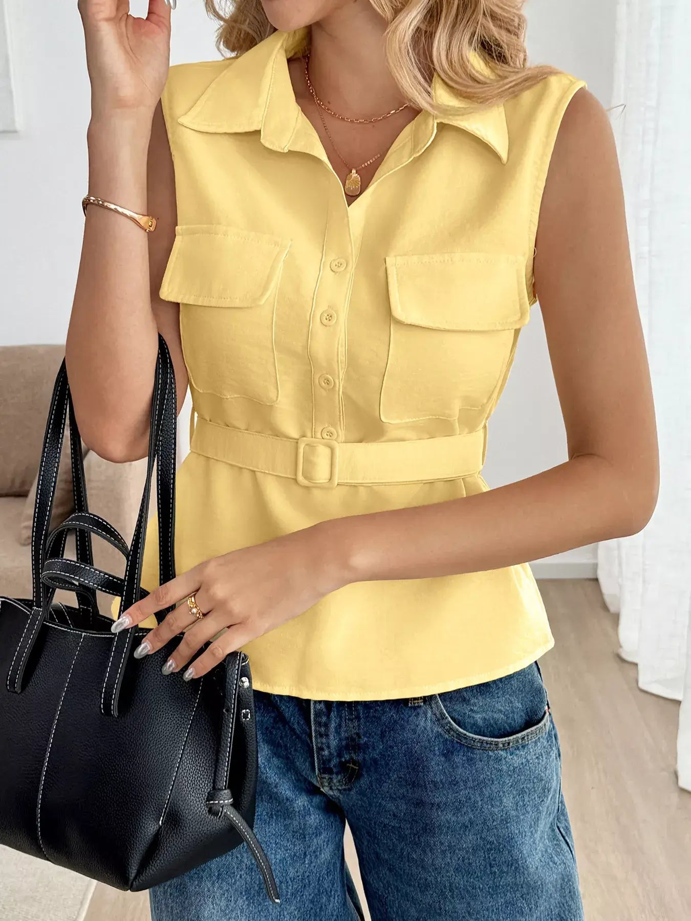 Button Front Sleeveless Blouse - Trendsi - Flyclothing LLC