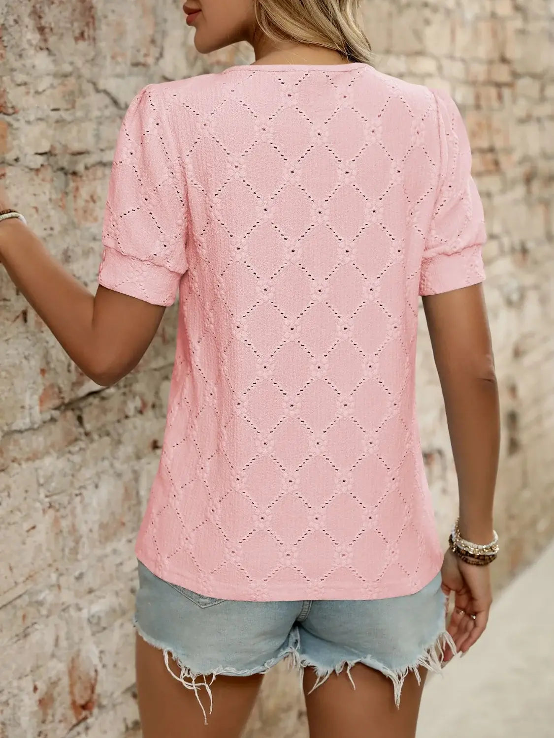 Eyelet Round Neck Short Sleeve Top - Trendsi - Flyclothing LLC