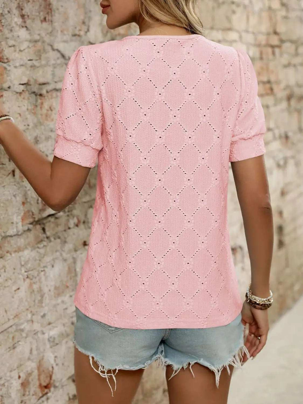 Eyelet Round Neck Short Sleeve Top - Trendsi - Flyclothing LLC