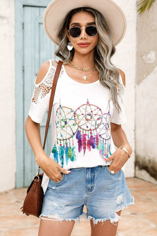 Lace Detail Round Neck Cold Shoulder Blouse - Trendsi - Flyclothing LLC