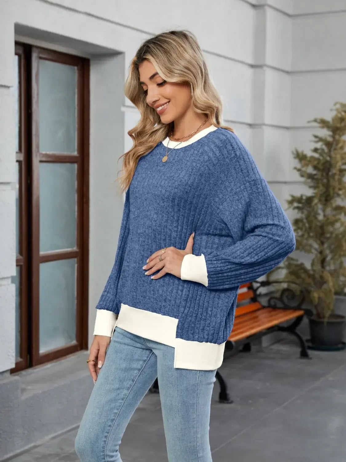 Contrast Trim Round Neck Long Sleeve T-Shirt - Trendsi - Flyclothing LLC